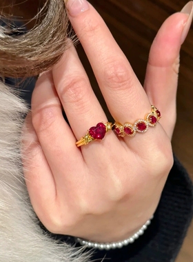 Young中古vintage高碳钻小红心戒指轻奢镶钻红刚玉怦然心动钻戒女