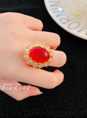 织纹雕金卢比红宝石戒指女