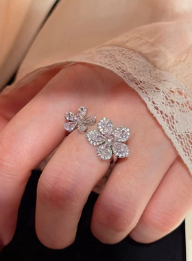 轻奢粉色闪钻双头花戒指女高级感彩宝食指戒小众设计锆石花朵指环