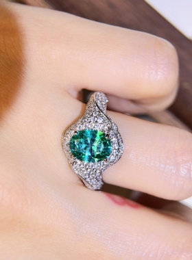 Young度假风百搭镶冰花切人工合成帕拉伊巴色蓝绿调锆石开口戒指