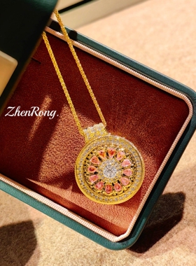 新中式柠檬片黄钻玫瑰花窗吊坠拉丝黄金色粉钻转动八宝罗盘项链女