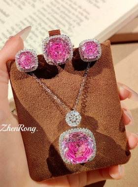 Young双色金八角千禧玫瑰切海蓝钻项链玫红吊坠碧玺耳钉彩宝戒指