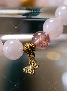 【壮的响亮】琼华映玥粉水晶沙金蝴蝶南红珠手链