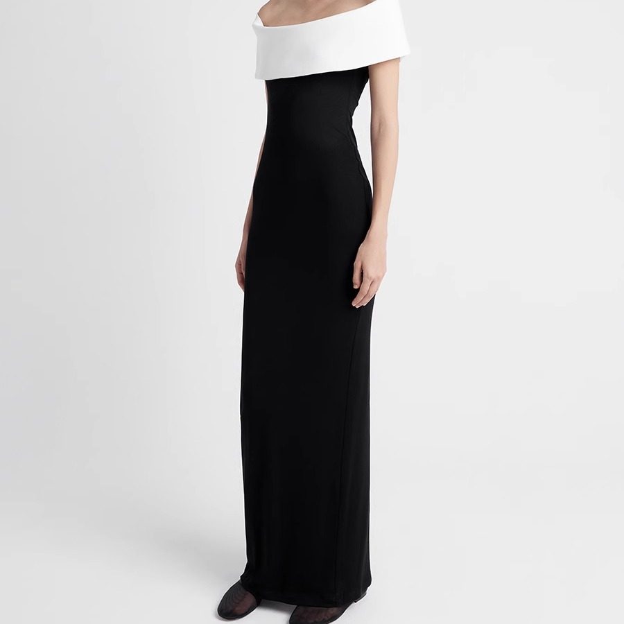 越南小众2025年夏季新款酷飒大女主弧形一字肩曲线长裙修身连衣裙,淘宝优惠券,粉丝福利购,淘宝优惠卷