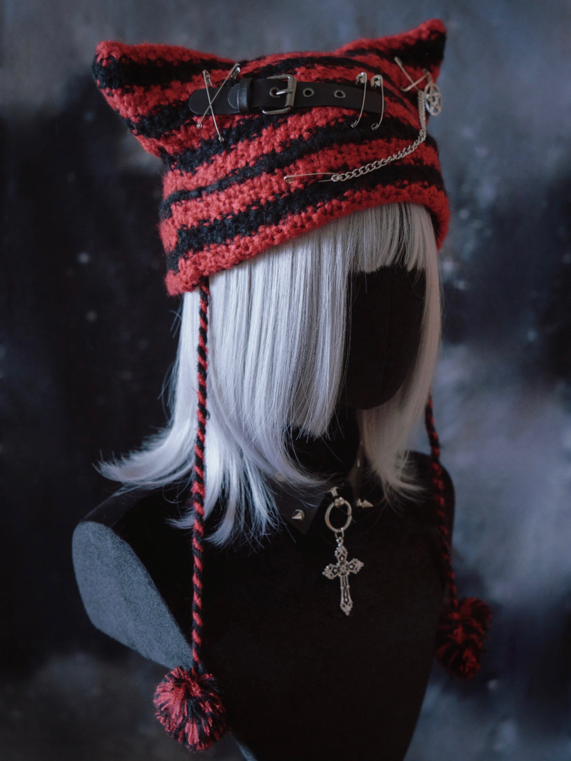 怪糖饰物集原创手工黑红条纹针织猫耳套头帽暗黑系亚文化黑红色 - 图2