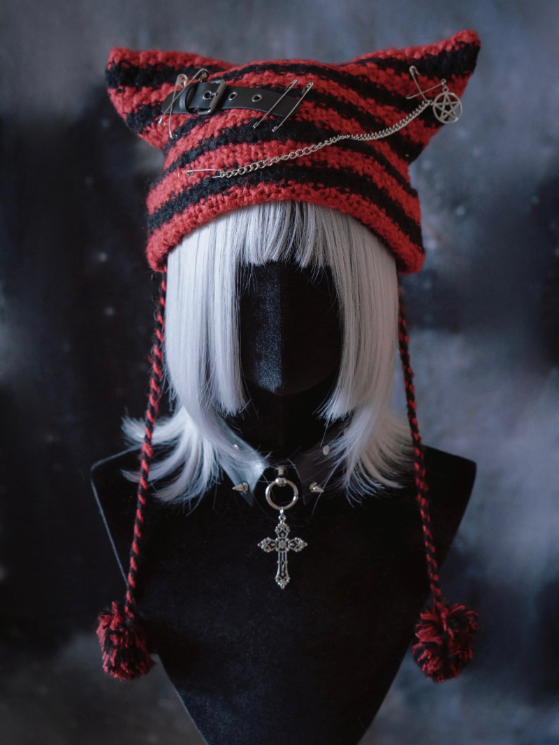 怪糖饰物集原创手工黑红条纹针织猫耳套头帽暗黑系亚文化黑红色 - 图1