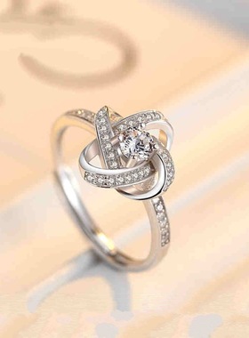 女食指日韩版简约时尚指环 个性镶钻幸运草开口戒指 银饰品批发
