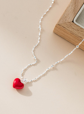 云尚服饰S925银清新甜美ins风小众设计感精致红色爱心光珠项链