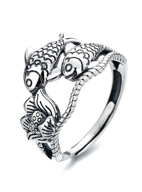 云尚服饰 s925纯银复古民族风莲花双锦鲤鱼钩针带线开口戒指