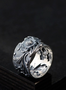 云尚服饰足银S990复古做旧工艺女款浮雕牡丹花戒指宽版指环扳指