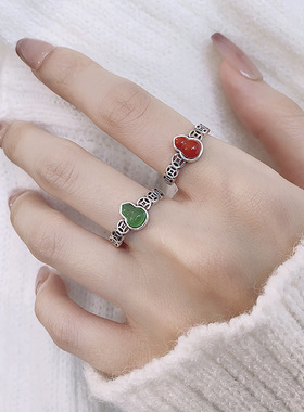 云尚服饰S925纯银铜钱葫芦戒指可调节国潮重工指环食指戒