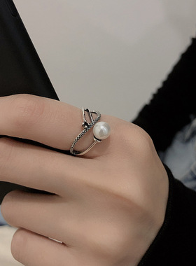 云尚服饰S925纯银韩版复古交叉珍珠钩针带线戒指