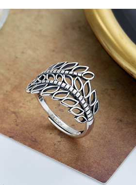 云尚服饰S925纯银复古国风镂空树叶钩针带线宽版食指环女