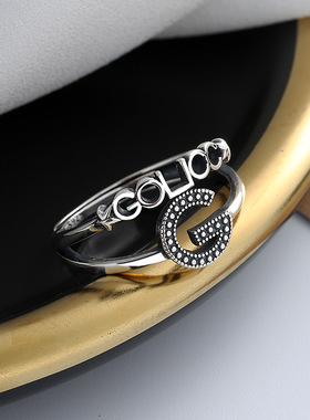 云尚服饰S925纯银复古双层字母钩针带线戒指