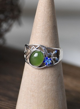 云尚服饰s925银素银小花镂空开口钩针带线烧蓝镶碧玉食指戒指