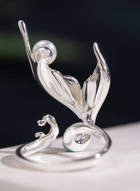 云尚服饰s925银原创时尚鱼尾钩针带线夸张戒指国潮淡水珍珠指环