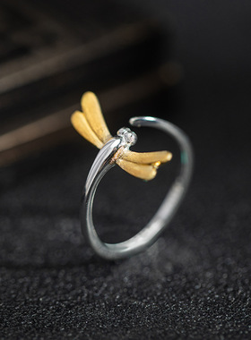 云尚服饰s925银原创设计简约时尚昆虫活口指环钩针带线蜻蜓戒指