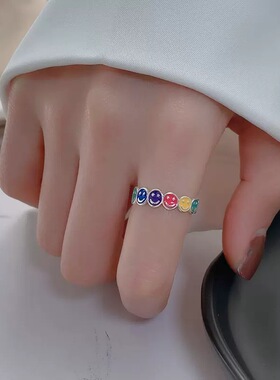 云尚服饰s925纯银彩虹笑脸戒指女嘻哈ins潮甜酷风微笑彩色食指戒