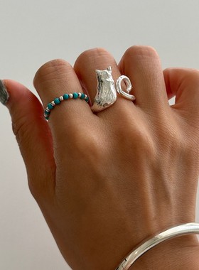 云尚服饰设计师INS风格925纯银戒指 个性百搭小猫钩针带线款女戒