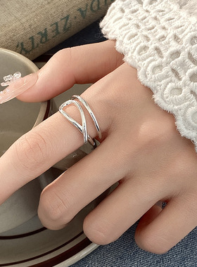 云尚服饰s925纯银交叉线条钩针带线戒指女不规则百搭指环手饰