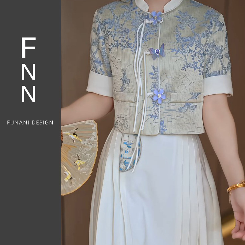 芙娜妮青花瓷设计感新中式短袖半身裙时尚小个子两件套女F2410938 - 图1