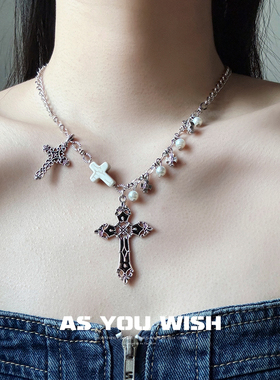 黑色十字架吊坠串珠项链