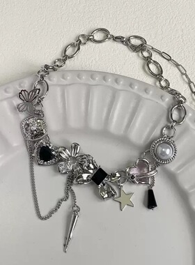 甜酷蝴蝶结爱心花朵锁骨链