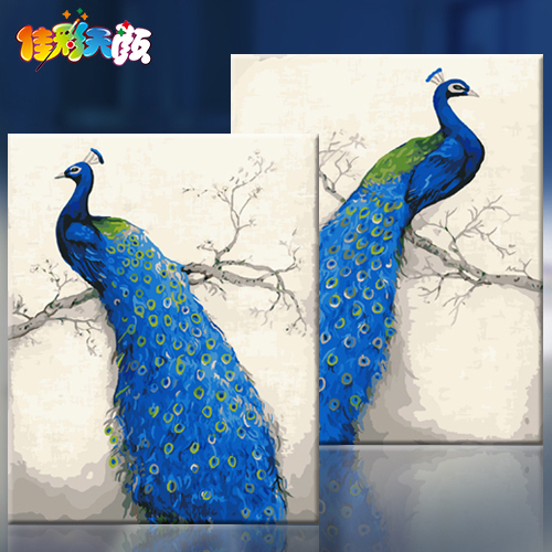 佳彩天顏 diy數字油畫風景動物大幅花鳥減壓手繪油彩填色畫藍孔雀