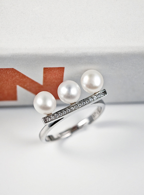 天然淡水三颗珍珠平衡木戒指s925纯银镶锆石戒托活口可调节指环