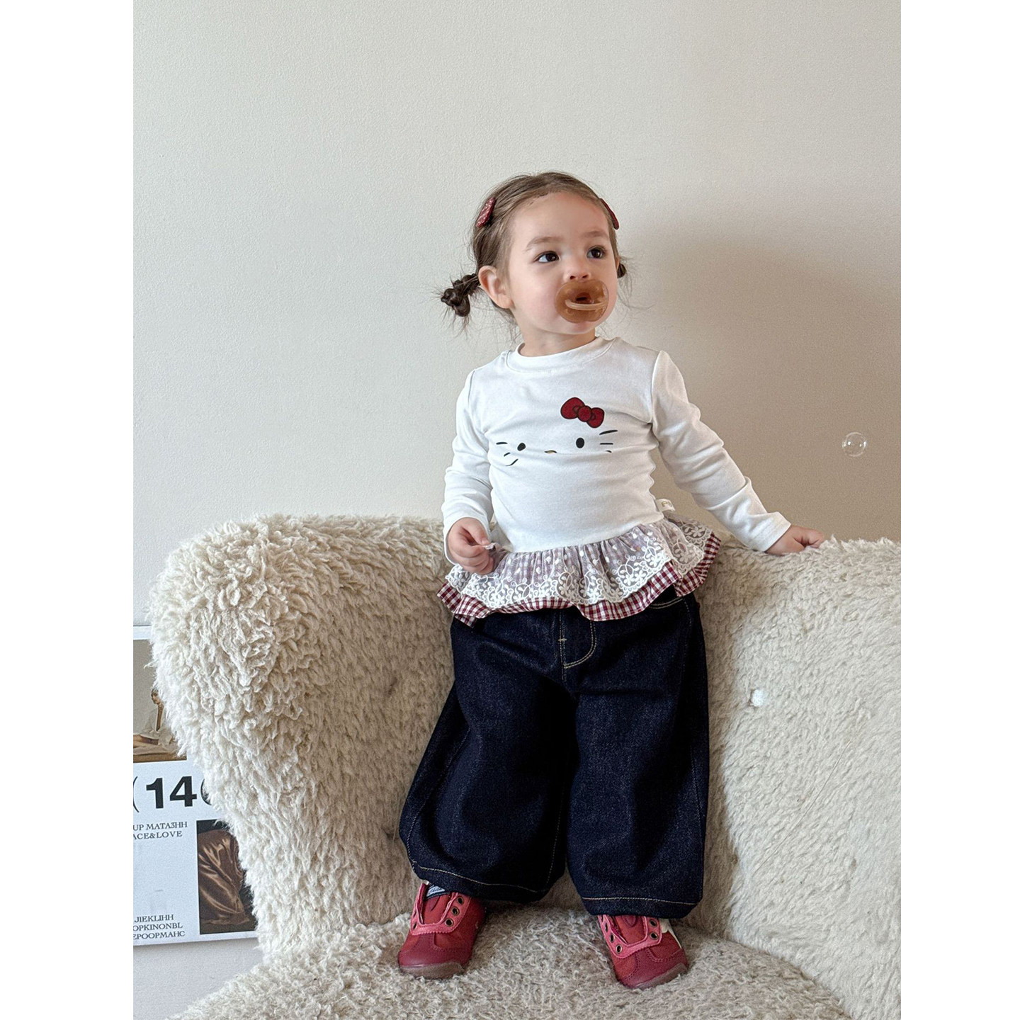 婴儿秋季新款上衣女宝宝韩版甜美蕾丝花边KT猫打底衫可爱长袖T恤,淘宝优惠券,粉丝福利购,淘宝优惠卷