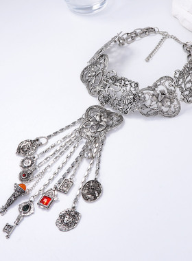 ZA波西米亚复古潮流合金古银做旧挂链形流苏女款项链necklace