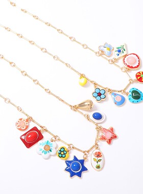 ZA复古童趣撞色珐琅花朵星星混搭吊坠多层叠戴个性氛围感项链