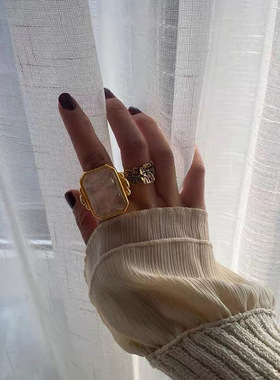 法式复古时尚方形方糖天然石水晶戒指夸张个性真空镀金高级感指环