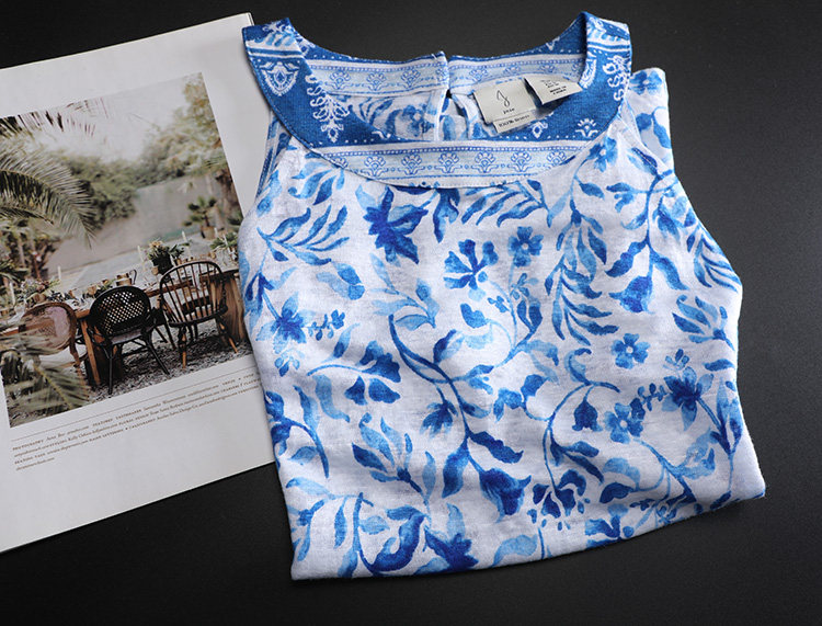 外贸订单针织纯亚麻蓝色碎花无袖T恤印花小背心吊带女夏季薄新款,淘宝优惠券,粉丝福利购,淘宝优惠卷