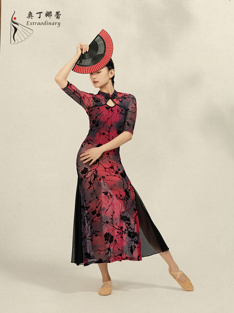 古典舞旗袍舞蹈中国风身韵飘逸表演长裙新款开叉现代舞演出练功服 - 图1