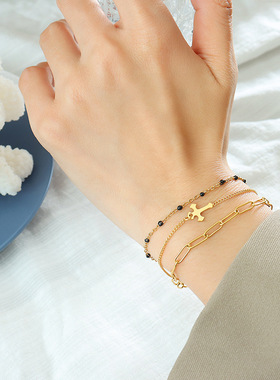 欧美高级感轻奢ins三层叠戴十字架手链闺蜜同款手链