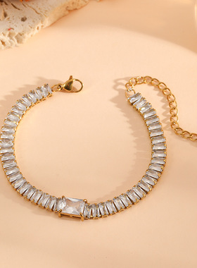 简约新款嘻哈手饰不锈钢真空电镀镀18K金方钻满钻复古链手链女