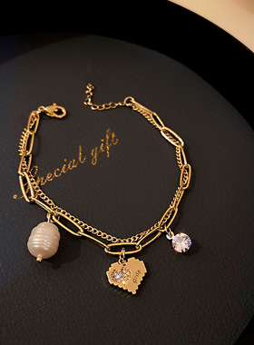 复古双层珍珠爱心手链女时尚创意冷淡风森系百搭气质珍珠手链手饰