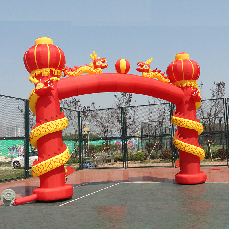 新款充气盘龙黄金拱门开业庆典双龙气模婚庆彩虹门夜光笼立柱拱门