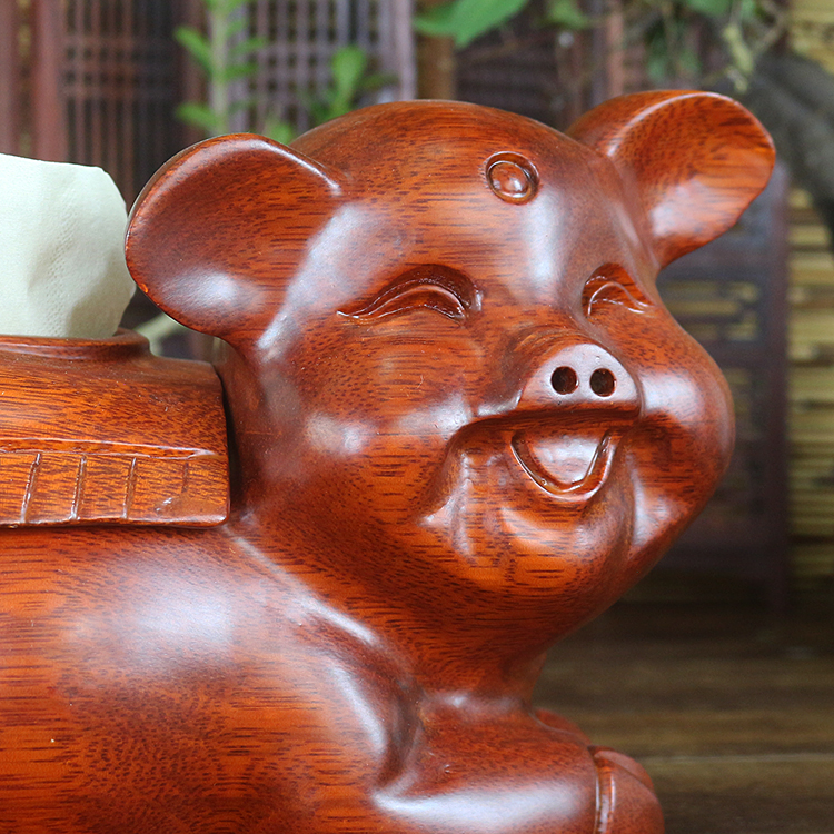 创意纸巾盒实木雕刻红木生肖猪象餐厅抽纸盒摆件木制吉祥如意鹿 - 图2