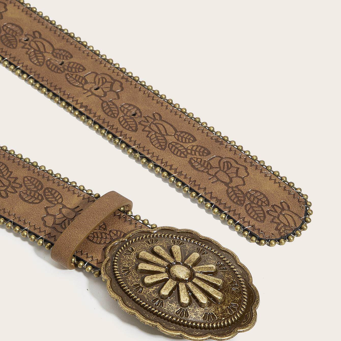 复古风女士腰带辣妹做旧亚文化小众百搭个性金属雕花扣皮带车边珠