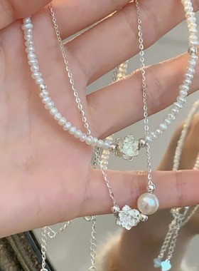 《不染》999足银莲花强光淡水珍珠项链百搭叠戴小众纯银锁骨颈链