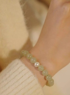 清浅。天然毕业级8mm和田玉淡水珍珠文艺复古国风小众高级感手链