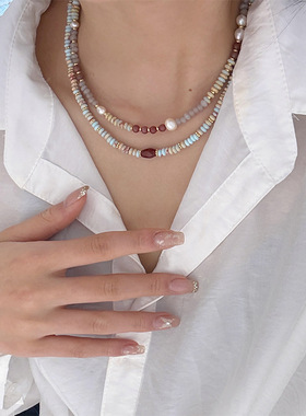 复古时尚气质百搭简约彩色算盘珠叠戴项链轻奢高级感串珠锁骨链女