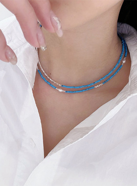 欧美简约时尚高级感气质百搭碎银子松石串珠项链轻奢小众锁骨链女