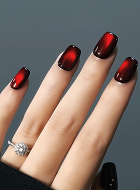 Lilynail鸽血红手工穿戴甲中长款美甲贴片2024新年款穿戴甲暗红色