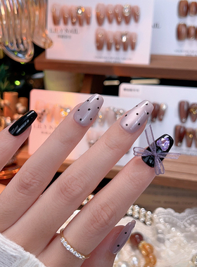 Lilynail紫色甜心手工穿戴甲蝴蝶结波点美甲贴片可拆卸定制美甲贴
