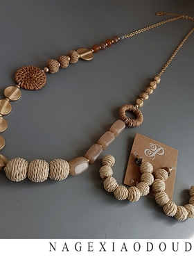 C41渠道货源少量库存木质绕线自然度假风项链耳圈耳环民族文艺