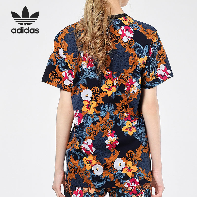 Adidas/阿迪达斯官方正品三叶草女子花卉休闲运动短袖T恤 GN3353 - 图0