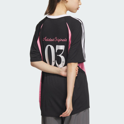 Adidas/阿迪达斯官方正品三叶草女士宽松V领足球风运动短袖JD1132 - 图0